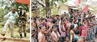 দুই চিত্র। (বাঁ দিকে) সাহায্যের হাত জওয়ানদের। (ডান দিকে) কোপাইয়ের কালুরায়পুরে গণ্ডগোল ও মারধরের সময় জওয়ানদের দেখা যায়নি বলে অভিযোগ। প্রতিবাদে অবরোধ সিপিএম কর্মী-সমর্থকদের। বিশ্বজিৎ রায়চৌধুরী।