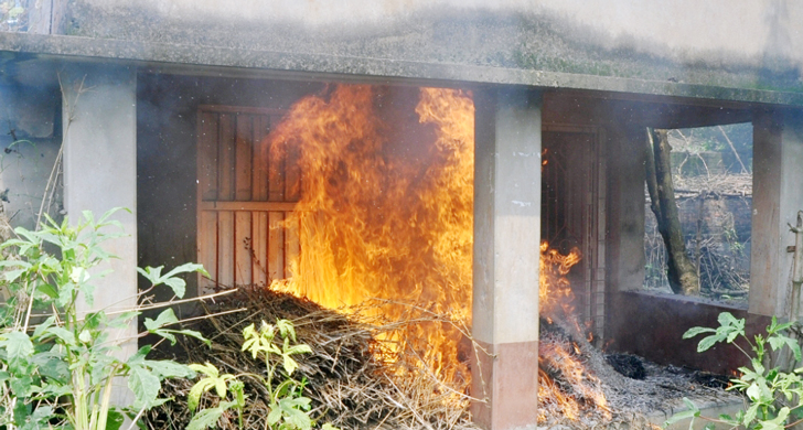 পূর্ব কৃষ্ণপুর গ্রামে জ্বলছে বাড়ি।