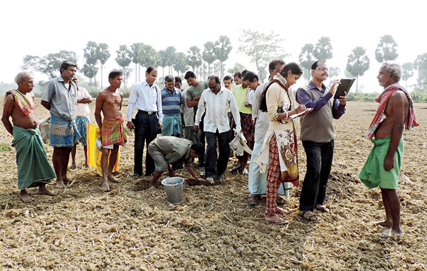 চলছে মাটির নমুনা সংগ্রহের কাজ। ময়ূরেশ্বরের মাধাইপুরে তোলা নিজস্ব চিত্র।