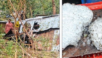 চাল থেকে শিলা, কম্বলে মাথা ঢাকলেন  গ্রামবাসী 