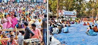 দুই ছবি। সভা শুরুর সময় তৃণমূল সমর্থকদের ভিড় (বাঁ দিকে)। সভার মাঝপথেই অনেক সমর্থক ফিরে যাওয়ায় ফাঁকা হয়ে যায় এলাকা। ঝাড়গ্রামে রবীন্দ্র পার্ক সংলগ্ন মাঠে দেবরাজ ঘোষের তোলা ছবি।