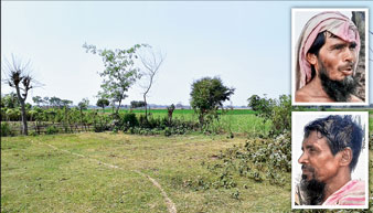 মির্জাপুর গ্রামে এই জমিতেই ছিল মাদ্রাসাটি। ইনসেটে আমানুল্লা শেখ (উপরে), আলি হোসেন (নীচে)।
