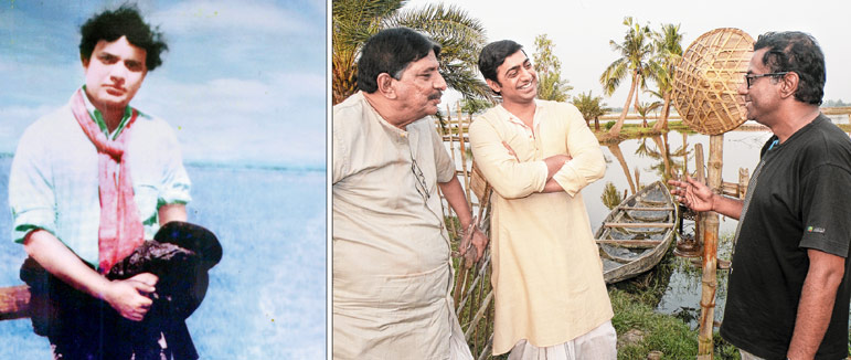 সন্দেশখালিতে উত্তমকুমার। (ডান দিকে) ‘চাঁদের পাহাড়’ শুটিংয়ের ফাঁকে হালকা মেজাজে দেব, পরিচালক কমলেশ্বর মুখোপাধ্যায়। নিজস্ব চিত্র।