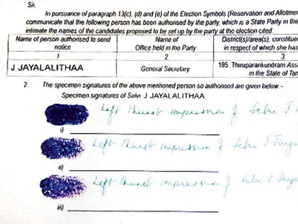 Jayalalithaa puts thumb impression instead of signature on party candidates’ nominations