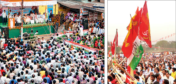 মঞ্চে অভিষেক বন্দ্যোপাধ্যায়। পুরুলিয়ায় প্রদীপ মাহাতোর তোলা ছবি। (ডানদিকে) জোটের নিশান। মানবাজারে সূর্যকান্ত মিশ্রের সভায়।—নিজস্ব চিত্র 