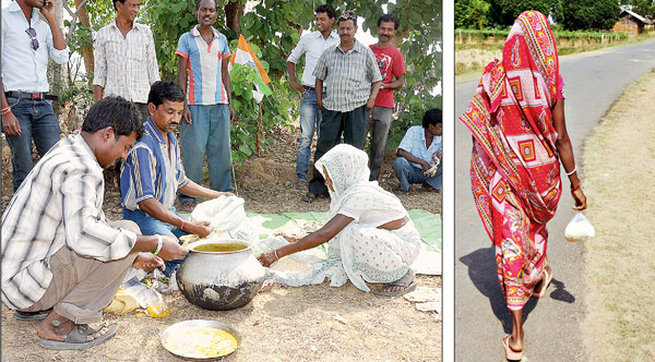 আঁচল পেতে। বাঁকুড়ার ভিকুডিহিতে। (ডান দিকে) মাজুড়িয়ায় প্যাকেট হাতে বাড়ি ফেরা। —অভিজিৎ সিংহ ও শুভ্র মিত্র