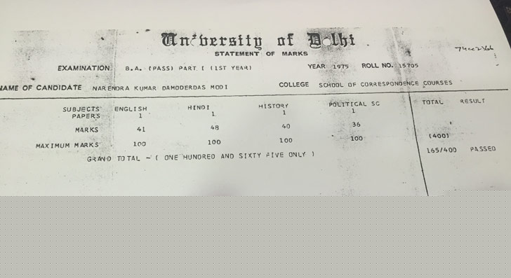 ১৯৭৫ সাল। ইংরেজি, হিন্দি, ইতিহাস ও রাষ্ট্রবিজ্ঞানে ৪০০-র মধ্যে ১৬৫ পেয়ে পার্ট ওয়ান পাশ করেন তিনি। এখানে নরেন্দ্র নামের সঙ্গে কুমার ব্যবহার করা হয়েছে। এবং দামোদর বানান ইংরেজিতে DAMODER লেখা হয়েছে।