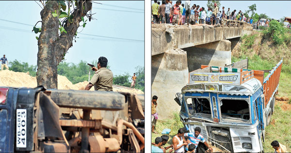 জনরোষ সামলাতে পিস্তল উঁচিয়ে পুলিশ। (মাঝে), মোটরবাইক আরোহী পিন্টুকে চাপা দিয়ে সেতুর রেলিং ভেঙে নীচে পড়ে যাওয়া ট্রাক। 