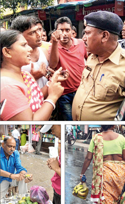 প্লাস্টিক থাকছেই। (উপরে) ক্যারিব্যাগের বিরুদ্ধে অভিযানে গিয়ে বিরোধিতার মুখে পুলিশও। (নীচে) প্রকাশ্যে এ ভাবেই চলছে প্লাস্টিকের ব্যবহার। ছবি: বিশ্বরূপ বসাক