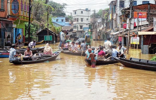 Boat use as Transport at Ghatal town area, due to excessive rain shower
