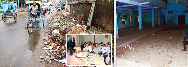 রাস্তার ধারে স্তূপাকার আবর্জনা। দুর্গন্ধে পথ চলা দায়। খড়্গপুরের কৌশল্যায় (বাঁ দিকে)। শহরের টাউন হলেরও জীর্ণ দশা (ডান দিকে)। ইনসেটে, মুখোমুখি পুরপ্রধান। — রামপ্রসাদ সাউ।