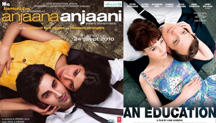 বাঁ দিকে প্রিয়ঙ্কা-রণবীর কপূর অভিনীত ‘আনজানা আনজানি’ আর ডান দিকে ২০০৯-এ মুক্তি পাওয়া হলিউড ছবি ‘অ্যান এডুকেশন’-এর পোস্টার।