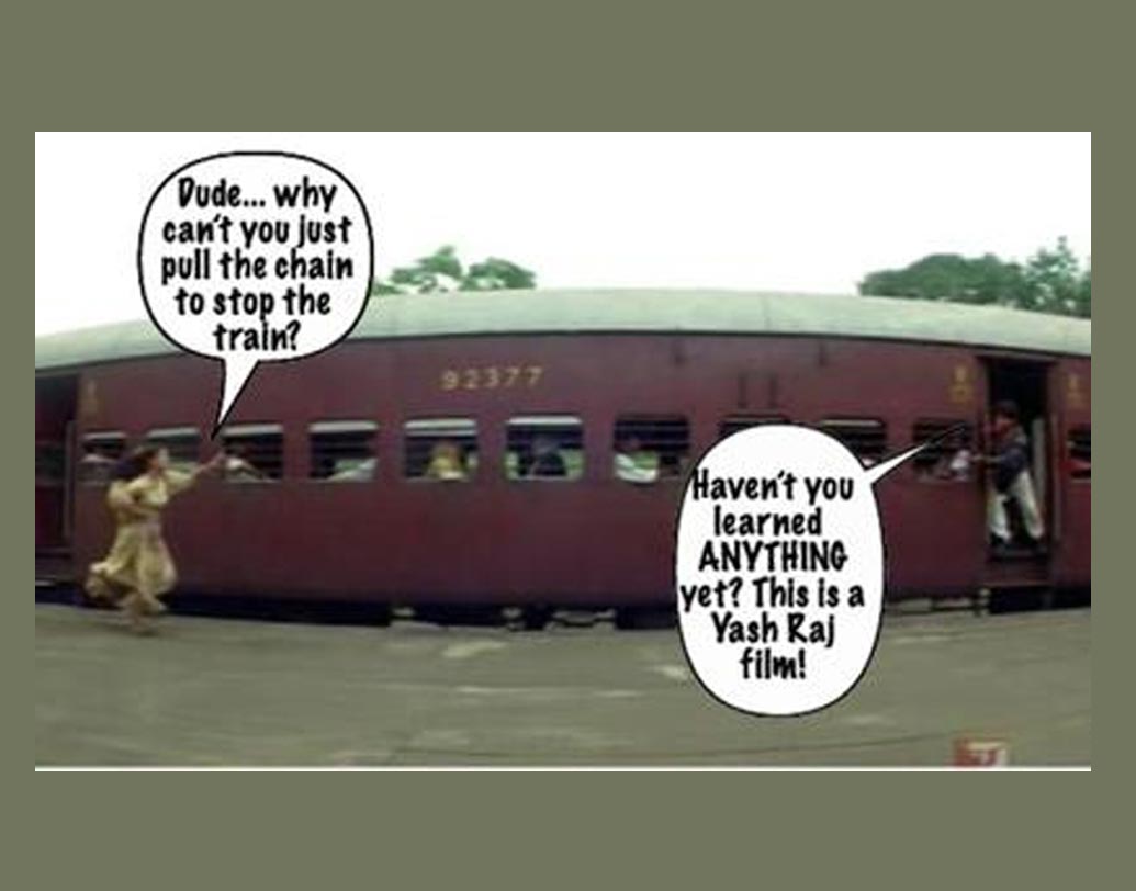 ‘চেন টেনে ট্রেন দাঁড় করাও রাজ, আর ছুটতে পারছি না!’ রাজ খুব বিরক্ত। জানাল, ‘পাগলামো কোরো না সিমরন, এটা যশ রাজ ব্যানার।’