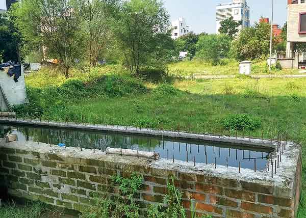 অসচেতন: নির্মীয়মাণ বাড়ির পাশে জমা জল। নিউ টাউনে। নিজস্ব চিত্র