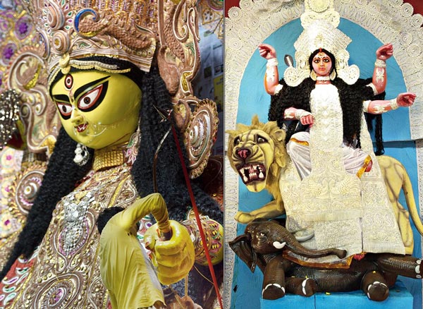 (বাঁ দিকে) শ্যাম স্কোয়ারের মূর্তি। (ডান দিকে) পাইকপাড়া ১৩ আমরা সবাই ক্লাবের প্রতিমা। নিজস্ব চিত্র