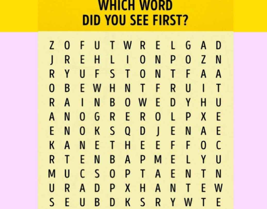 উপরের অক্ষর ঠাসা প্লেটটির দিকে নজর রাখুন। মন দিয়ে অক্ষরগুলি দেখুন। আপাত ভাবে ছন্নছাড়া এই ১৪৪টা অক্ষরের মধ্যে লুকিয়ে আছে অনেক অর্থপূর্ণ শব্দ (Word)। কোন শব্দবন্ধটি প্রথম নজরে আসছে আপনার? যে শব্দটি প্রথম আপনি দেখবেন, তা দিয়ে কিছুটা হলেও চেনা যাবে আপনার প্রকৃতি। দেখতে থাকুন কোন শব্দ প্রথম দেখলে কেমন হবে আপনার চরিত্র।