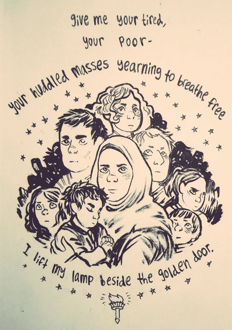 কার্টুনিস্ট হ্যাঙ্ক গ্রিনের এই কার্টুন টুইট করে কারপেল ফ্রানজ লিখেছেন অভিবাসীদের এখানে স্বাগত।