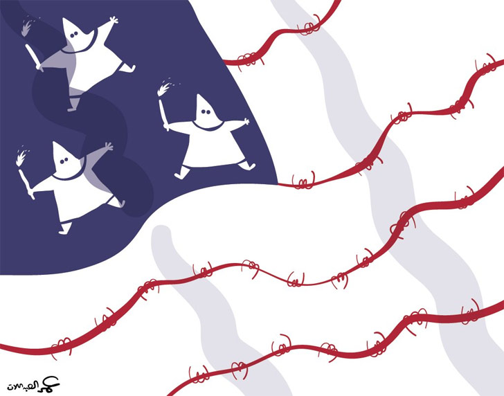 এই কার্টুনের স্রষ্টাও একজন মুসলিম।<br> ওমর নামের ওই কার্টুনিস্ট যেন এক আক্ষরিক চিত্র ফুটিয়ে তুলেছেন তাঁর ছবিতে।<br> টুইটে লেখা হয়েছে মুসলিম শরণার্থীদের উপর ডনাল্ড ট্রাম্পের নিষেধাজ্ঞা।