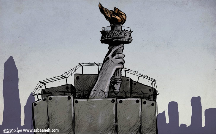 কার্টুনের স্রষ্টা সবানেহ। এই কার্টুনিস্ট ব্লগার হ্যাশট্যাগ ব্যবহার করেছেন #রিফিউজিসডিটেইনড #মুসলিমব্যান #বিল্ডদ্যওয়াল।