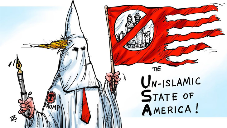 এই কার্টুনের স্রষ্টা ইমাদ হজ্জ্জ। কার্টুনের টুইটে হ্যাশট্যাগ বলছে #মুসলিমব্যান #ট্রাম্প #নোব্যাননোওয়াল #ইউএসএ।