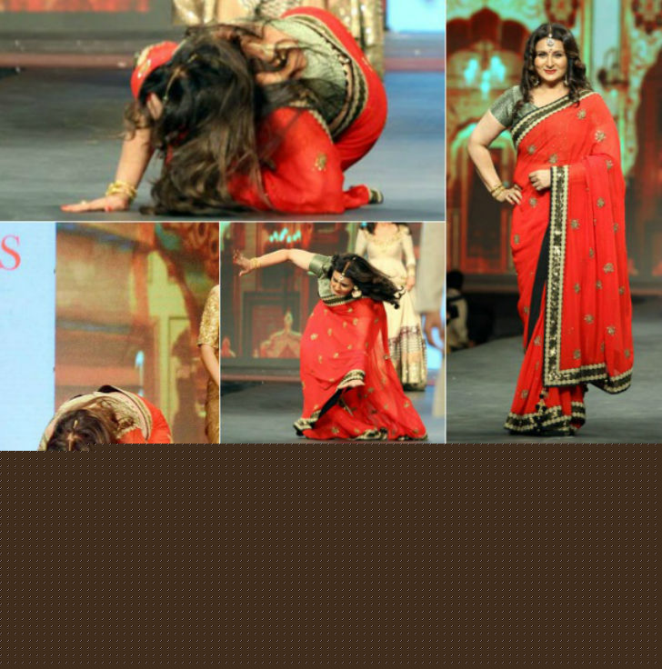 পুনম ধিলোঁ: <br> 
বিক্রম ফড়নিসের ফ্যাশন উইকে পায়ে শাড়ি জড়িয়ে র‌্যাম্পে পড়েই গিয়েছিলেন পুনম ধিঁলো।