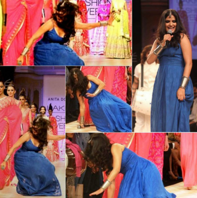 সোনা মহাপাত্র: <br> 
ল্যাকমে ফ্যাশন উইকে গান গাইতে গাইতে অসতর্ক ভাবে পায়ে জড়িয়ে গিয়েছিল গাউন। <br> আর এতেই স্টেজের মাঝেই কুপোকাৎ সোনা মহাপাত্র।