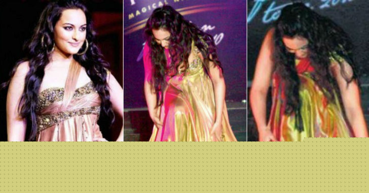 সোনাক্ষী সিন্‌হা: <br> 
ফ্যাশন উইকের র‌্যাম্প গোল্ডেন গাউনে সোনাক্ষী ছিলেন দুর্দান্ত। কিন্তু অসাবধনতায় সেই গাউনের <br> প্রসারিত অংশ পায়ে জড়িয়ে টাল সামলাতে পারলেন না সোনাক্ষী।