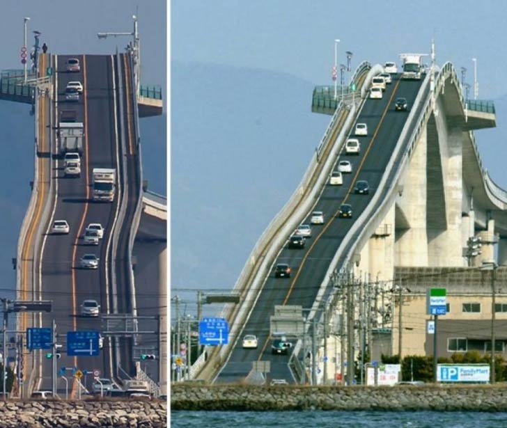 এশিমা ওহাশি সেতু, জাপান: এটি জাপানের ‘রোলার কোস্টার ব্রিজ’ বলেই অধিক খ্যাত। বড় বড় জাহাজ যাতে এই সেতুর তলা দিয়ে যেতে পারে, সে দিক মাথায় রেখেই এই সেতু তৈরি।