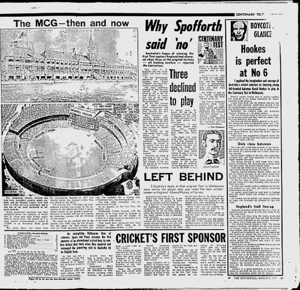 প্রথম দিনেই অস্ট্রেলিয়ার ১৬৬ রানে ৬ উইকেট পড়ে যায়। এর মধ্যে ব্যানারম্যানের ব্যক্তিগত স্কোর ছিল ১২৬ নট আউট। পর দিন তিনি ১৬৫ রান করে আহত, অবসৃত হন। প্রথম ইনিংসে অস্ট্রেলিয়ার স্কোর দাঁড়ায় ২৪৫।