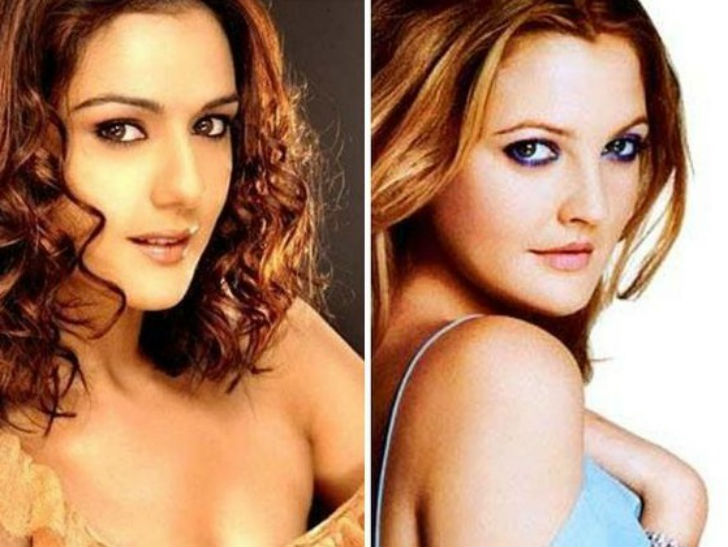 প্রীতি জিন্টা-ড্রিউ ব্যারিমোর: <br> 
একই রকম মিষ্টি লম্বাটে মুখের গড়ন প্রীতি ও ড্রিউর।