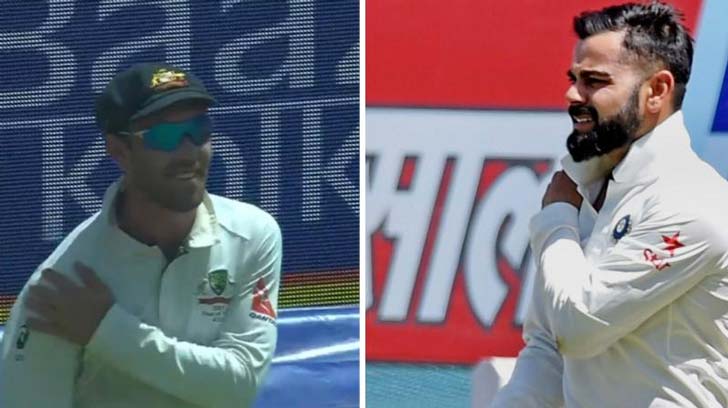 ১৯ মার্চ, রাঁচী- ডেভিড ওয়ার্নারকে আউট করে বিরাট কোহালিও ফের কাঁধে হাত চেপে অস্ট্রেলিয়ার ড্রেসিংরুমের দিকে ইঙ্গিত করেন। গ্লেন ম্যাক্সওয়েলকে পাল্টা জবাব দেন। চেতেশ্বর পূজারা ও ঋদ্ধিমান সাহাকে স্লেজ করেন কামিন্স ও হেজ্‌লউড। ভারতীয় জুটিও পাল্টা জবাব দেন তাঁদের।