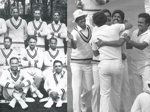 ১৯৩২এ প্রথম টেস্ট খেলা ভারতীয় দল (বাঁদিকে)। ১৯৮৩তে বিশ্বকাপ জয়ী ভারতীয় দল (জানদিকে)।