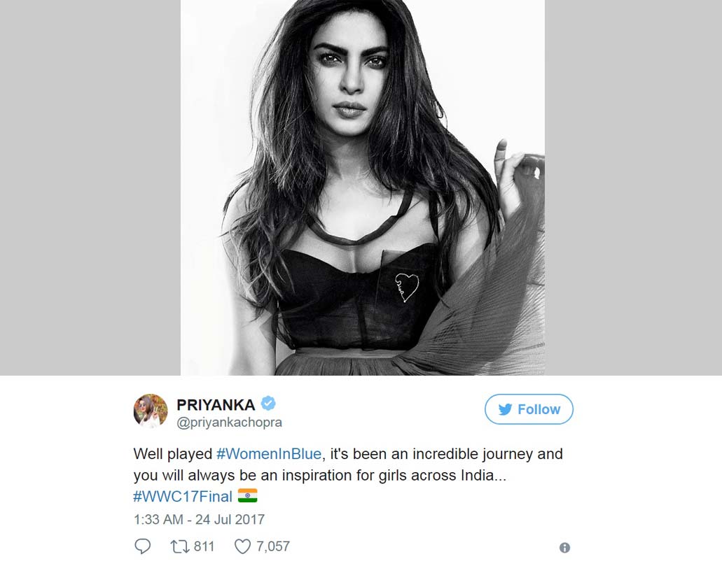প্রিয়ঙ্কা চোপড়া: দুর্দান্ত খেলেছ উইমেন ইন ব্লু। একটা অসাধারণ সফর শেষ করলে তোমরা। তোমরা ভারতের সমস্ত মহিলাদের কাছে অনুপ্রেরণার।