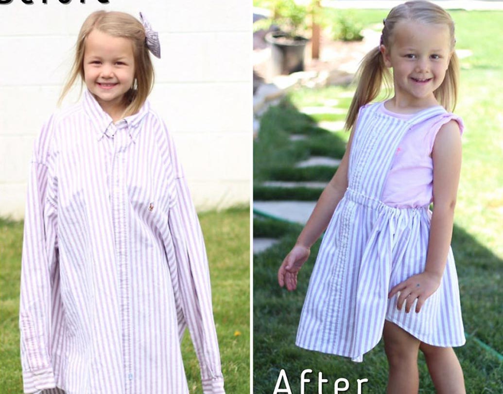 সাদার উপর গোলাপি স্ট্রাইপ দেওয়া এই শার্ট থেকে স্টেফানি মেয়েকে বানিয়ে দিয়েছেন সুন্দর এই ড্রেস।