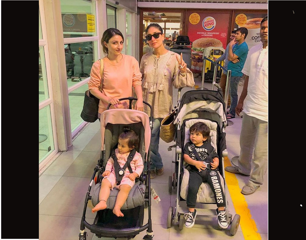 ছুটি কাটিয়ে ফেরার সময় করিনা, তৈমুর এবং মেয়ে ইনায়াকে নিয়ে বিমানবন্দরের একটি ছবি পোস্ট করেছিলেন সোহা।