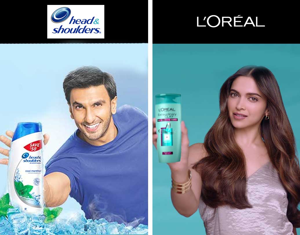 হেড অ্যান্ড শোল্ডার্সের হয়ে বিজ্ঞাপনে অংশ নিচ্ছেন রণবীর, আর দীপিকা বিজ্ঞাপনে বলছেন ল’রিয়েল ব্যবহার করার কথা।
