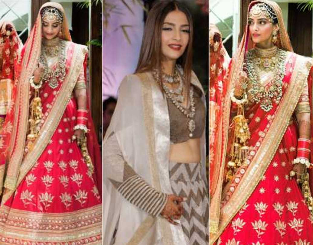 বিগ ফ্যাট পঞ্জাবি ওয়েডিংয়ে বিয়ের দিন সোনম পরেছিলেন অনুরাধা ভাকিলের ডিজাইনার বেস্পোক লেহেঙ্গা। রিসেপশনে পরেছিলেন অনামিকা খন্নার শেভরন প্যাটার্ন লেহেঙ্গা।