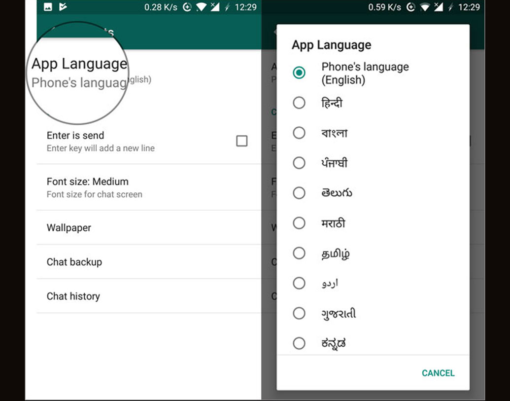 হোয়াটসঅ্যাপের ভাষা বদল: সেটিংসে গিয়ে চ্যাট, অ্যাপ ল্যাঙ্গুয়েজ, তার পর ‘চুজ দ্য ল্যাঙ্গুয়েজ ইউ ওয়ান্ট টু সি’ অপশনে ক্লিক করতে হবে।