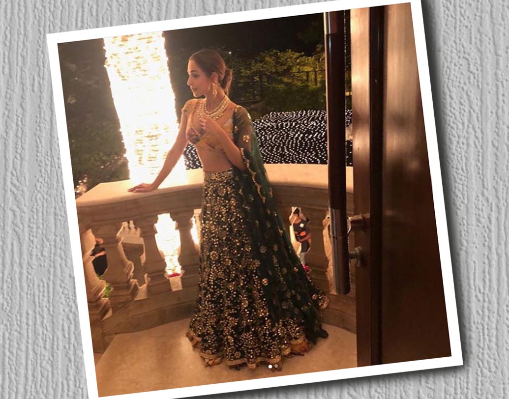 সীমা খানের ডিজাইন করা ফেস্টিভ কালেকশনকে দেওয়ালির পার্টির জন্য বেছে নিয়েছিলেন মালাইকা অরোরা। কাচ বসানো লেহঙ্গার সঙ্গে হলুদ রঙের ফ্লোরাল ডিজাইনের ভেলভেটের সাজে সেজেছিলেন তিনি। তাঁর নেকপিসটি দেওয়ালি পার্টির অন্যতম সেরা গয়না ছিল।