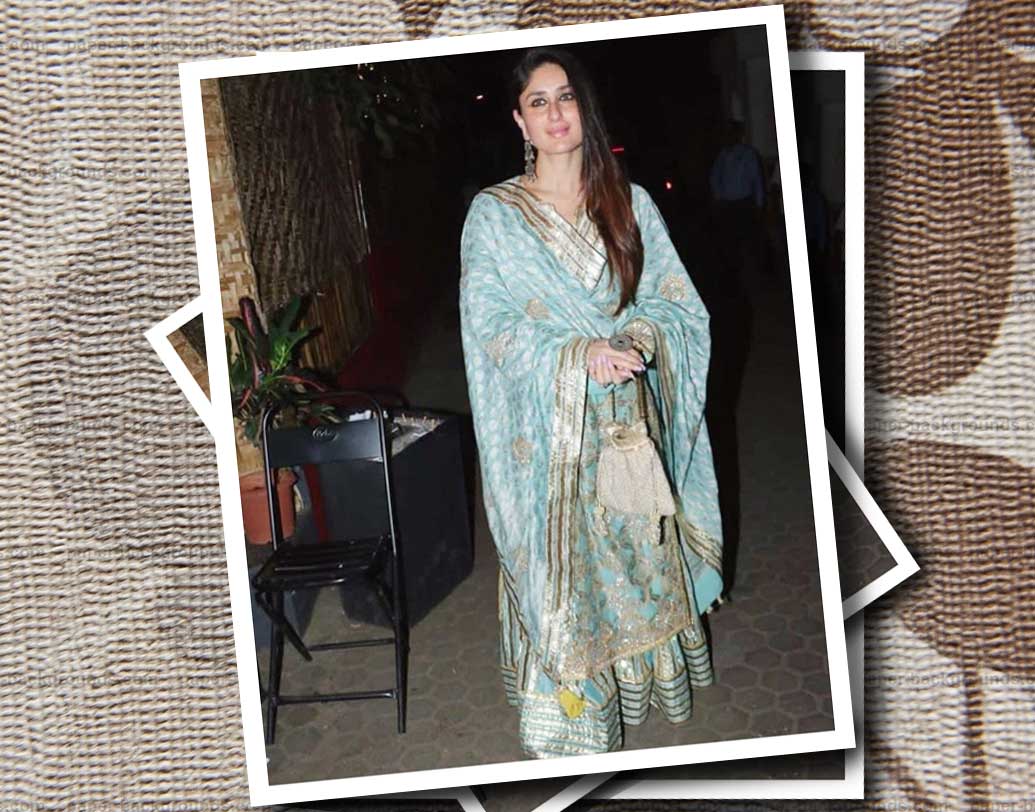 হালকা সবজেটে নীল ও সোনালি-রুপোলি জরির কাজের দোপাট্টা, সঙ্গে সেই নকশারই লম্বা পোশাকে সেজেছেন করিনা কপূর। হাতে সোনালি রঙের বটুয়া ব্যাগ ও বড় গোল আংটি, পায়ে নজরকাড়া নকশার সোনালি জুতো আলাদা করে  চিনিয়ে দিচ্ছে করিনাকে। সঙ্গে রয়েছে মানানসই ঝুমকো!