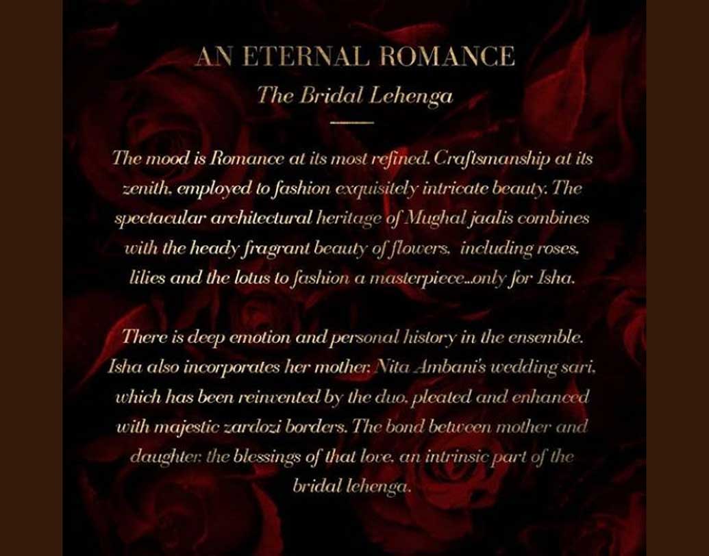 দোপাট্টাটি কার জানেন? সেটি আসলে ঈশার মায়ের বিয়ের শাড়ি থেকে তৈরি। প্রায় ৩৩ বছর আগের একটি গুজরাতি বাঁধনি শাড়িতে জারদৌসি পাড় বসিয়ে দিয়েছেন ডিজাইনাররা। কিন্তু কারা ছিলেন ঈশার এই সম্পূর্ণ আউটফিটের ডিজাইনার?