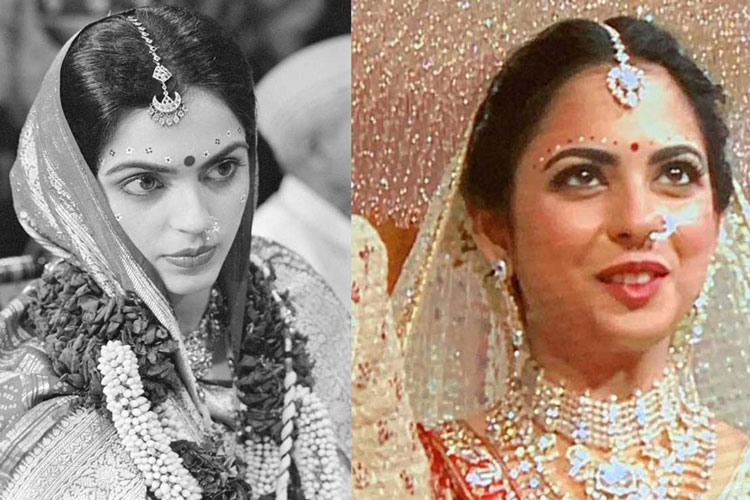 ঠিক মায়ের মতোই ঈশাও কপালে সাদা ও লাল বিন্দি দিয়ে সেজেছিলেন। প্রায় ৩৫ বছর আগে নীতা অম্বানীই বা কেমন সেজেছিলেন, আসছে সেই তুলনাও।