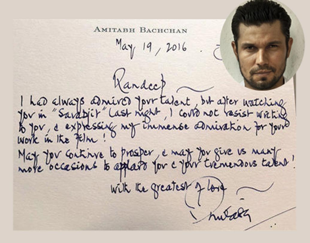 রণদীপ হুডার ফিল্মি কেরিয়রে সেরা অভিনয়ের নিরিখে ‘সর্বজিৎ’ এর নামই বোধ হয় সর্বাগ্রে আসবে। আর তাই তো একদিন সক্কাল সক্কাল অমিতাভ বচ্চনের চিঠিটা পেয়ে কিছুটা ‘ইউরেকা’ লাভের মতোই দশা হয়ে গিয়েছিল রণদীপ হুডার। রণদীপকে ফুলের তোড়াও পাঠিয়েছিলেন মিস্টার বচ্চন। খোদ বচ্চনের কাছ থেকে নিজের এমন প্রশংসার কথা পড়ে আর থাকতে না পেরে আহ্লাদে গদগদ রণদ্বীপ তখনই সোশ্যাল মিডিয়ায় নিজের সব ভক্তদের সেই চিঠির কথা জানিয়ে দেন।