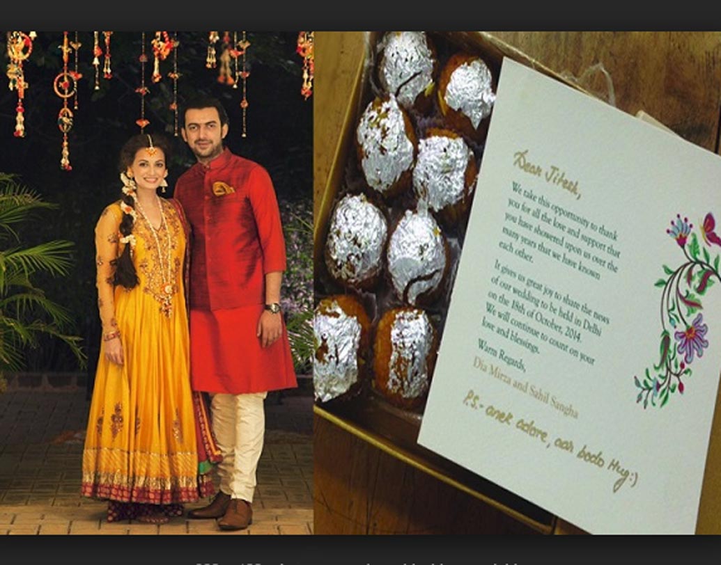 দিয়া মির্জা-সাহিল সাঙ্গা: ২০১৪ সালে বলি ডিভা দিয়া মির্জার সঙ্গে চার হাত এক হয় সাহিল সাঙ্গার। তাঁদের বিয়ের কার্ডটি ছিল খুবই সাদামাটা, ছিমছাম। অফ হোয়াইট রঙের ফ্লোরাল প্রিন্টের কার্ডের সঙ্গে মিষ্টির বাক্সও পৌঁছে গিয়েছিল নিমন্ত্রিতদের কাছে।