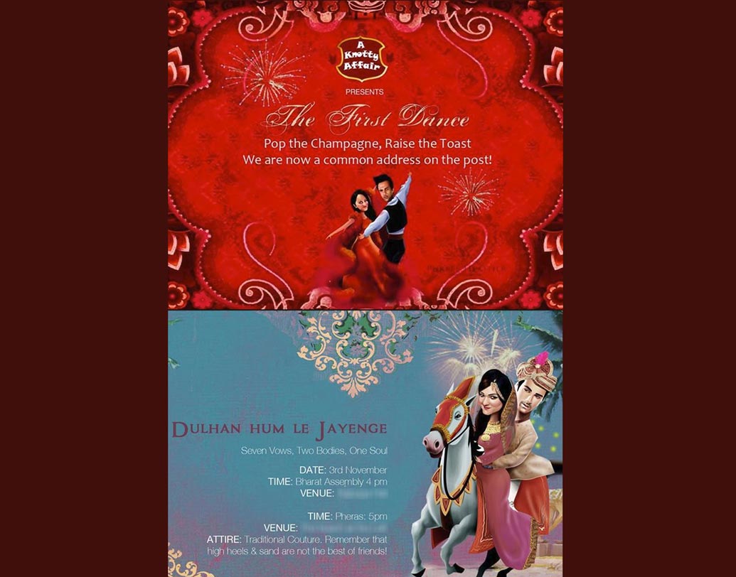 পুলকিত সম্রাট-শ্বেতা রোহিরা: পুলকিত-শ্বেতার বিয়ের কার্ডে ছিল যেন রূপকথার ছোঁয়া। ছোটবেলায় পড়া রূপকথার নানা গল্প ছবির আকারে সাজিয়ে কার্ডটি বানানো হয়। কার্ডের উপর নিজেদের কার্টুনও বানিয়েছিলেন তাঁরা।