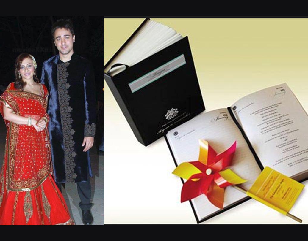 ইমরান খান-অবন্তিকা মালিক: নিমন্ত্রণপত্রের সঙ্গে বাক্সবন্দি চকোলেট পাঠিয়ে নিমন্ত্রিতদের চমকে দিয়েছিলেন ইমরান-অবন্তিকা। নিমন্ত্রণ কার্ডের সঙ্গে দু’টি বাক্স পাঠানো হয়েছিল, যার একটিতে ছিল চটোলেট ও অন্যটিতে ইয়ার প্ল্যানার ডায়েরি, সুগন্ধি ও রঙিন কাগজের ঘূর্ণি। ঘূর্ণির গায়ে সাঁটা হলুদ কাগজে লেখা ছিল বিয়ের যাবতীয় তথ্য।