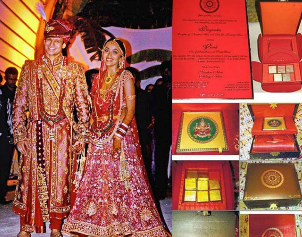 বিবেক ওবেরয়-প্রিয়ঙ্কা আলভা: দামি পাথর ও সোনা দিয়ে বানানো হয় এই যুগলের বিয়ের কার্ড। কার্ডটি দেখতে ছিল বড় গয়নার বাক্সের মতো। তার একদিকে ছিল নিমন্ত্রিতদের জন্য চকোলেট ও অন্যদিকে বিয়ের সূচিপত্র। হাজার দু’য়েক অতিথিকে নিমন্ত্রণ করা হয় বিয়েতে।