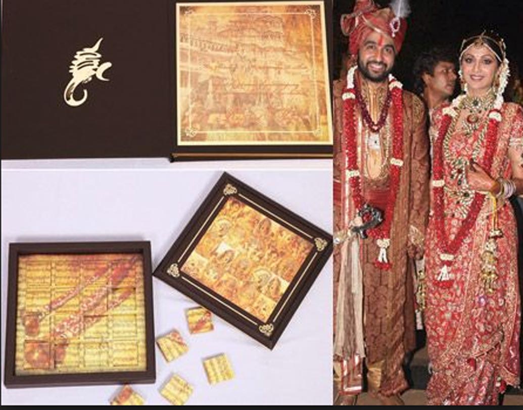 শিল্পা শেট্টি-রাজ কুন্দ্রা: রীতিমতো ধর্মীয় আচার মেনে বানানো হয় রাজ-শিল্পার বিয়ের কার্ড। সোনালী রঙের বাক্সের আকারে তৈরি কার্ডের উপরে সংস্কৃত শ্লোকও লেখা হয়। কার্ডের মাঝখানে আঁকা হয় গণেশের ছবি। সেই ছবির উপরেই সূক্ষ কারুকাজ করে লেখা হয় বিয়ের সূচিপত্র। কার্ডের সঙ্গে নিমন্ত্রিতদের কাছে পাঠানো হয় চকোলেট।