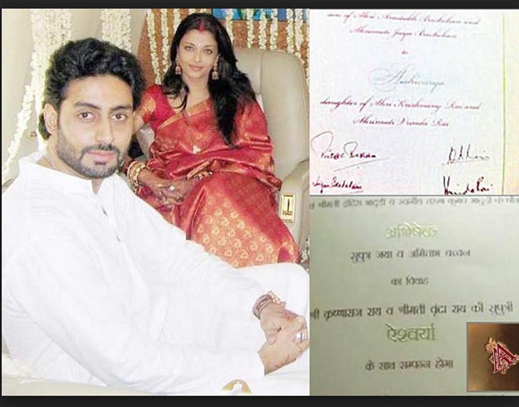 ঐশ্বর্য রাই-অভিষেক বচ্চন: বলিউডের হাই প্রোফাইল এই জুটির বিয়েতে তিনটি আলাদা বাক্সে পাঠানো হয় নিমন্ত্রণপত্র। বাক্সগুলির উপরে লেখা ছিল ঐশ্বর্য-অভিষেকের নামে আদ্যক্ষর ‘এএ’। লাল ফিতে দিয়ে বাঁধা প্রতিটি বাক্সের প্রথমটিতে রাখা ছিল নিমন্ত্রণপত্র, দ্বিতীয়টিতে মিষ্টি আর তৃতীয়টিতে গণেশের মূর্তি। ছিল অমিতাভ বচ্চনের বাবা প্রয়াত হরিবংশ রাই বচ্চনের কবিতাও।