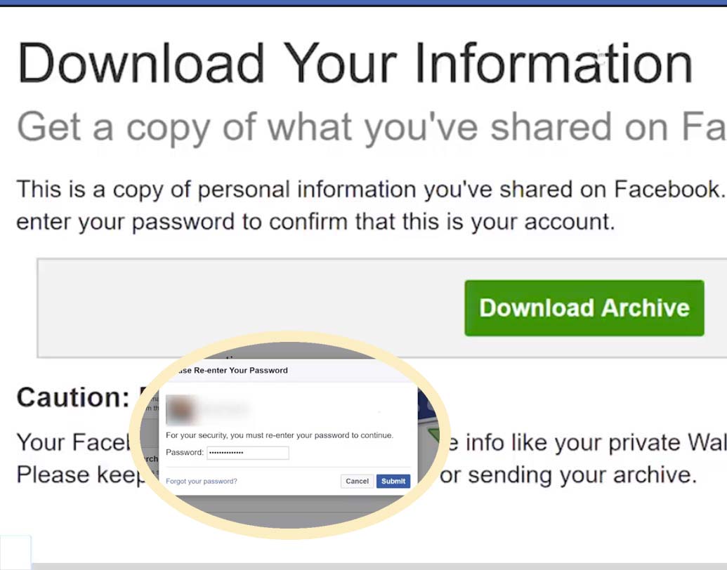 এর পর ‘ডাউনলোড আর্কাইভ’ বাটনে ক্লিক করতে হবে। তবে ডাউনলোড শুরু করার আগে ফের আপনার ফেসবুক অ্যাকাউন্টের পাসওয়ার্ড দিতে হবে।